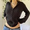 Vintage Brown Hooded Sweaters Women Autumn Winter Lantern Sleeve Zip Up Jacket Cardigan Knitted Hoodies Cropped Cardigan