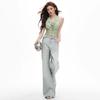 Women's Light Blue Retro Washed Denim Jeans, 2026 Spring/Summer, Loose Wide-Leg, Slimming Straight Pants