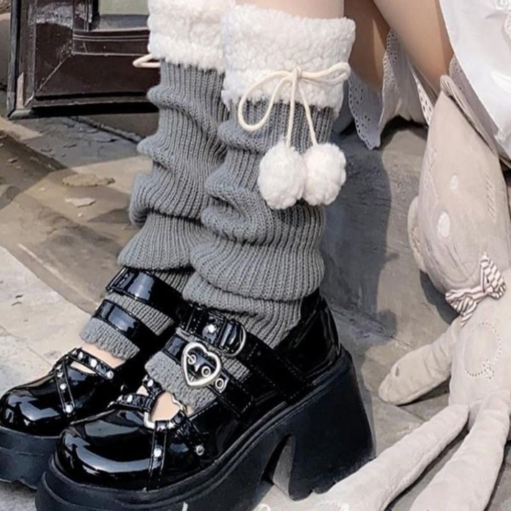 1pair Solid Color Knitted Leg Warmers Warm Winter Foot Cover Cute Mid-Calf Length Socks Girl