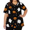 Halloween Print V Neck Short Sleeve Nurse Scrub Top with Dual Pockets and Side Slits Medical Uniform Shirt for Healthcare Professionals
