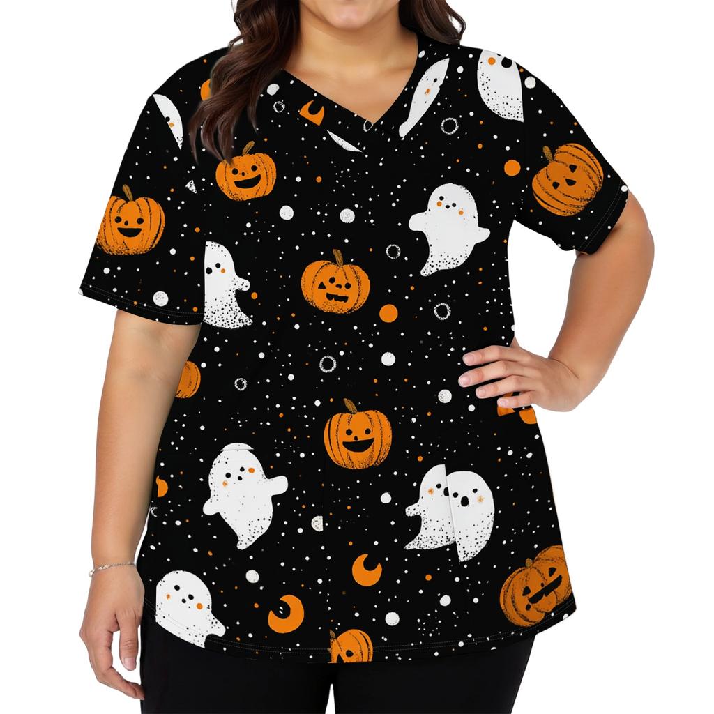 Halloween Print V Neck Short Sleeve Nurse Scrub Top with Dual Pockets and Side Slits Medical Uniform Shirt for Healthcare Professionals