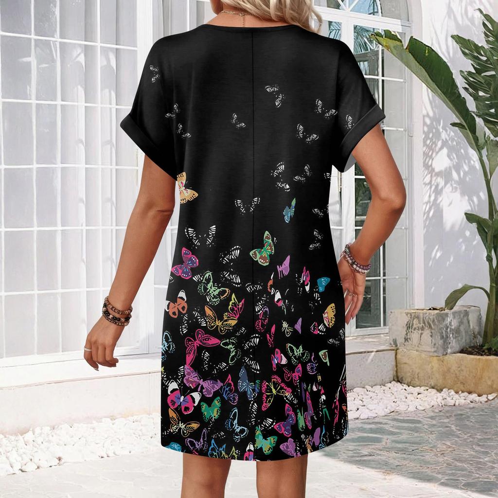 Women's Fashion Print V-Neck Short Sleeve Pocket Casual Pullover Dress