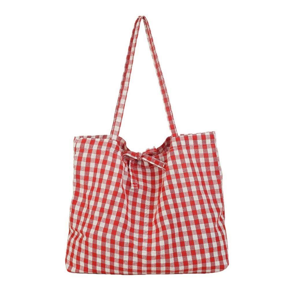 Trendy Polyester Plaid Tote Bags Bow Tie Design Lightweight Bow Shoulder Bag Large Capacity Shopping Bag Daily Use