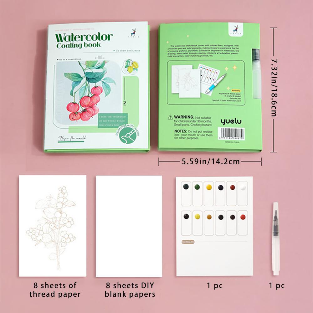 Three fold watercolor coloring book with built-in pigments, adult decompression DIY portable coloring watercolor drawing book