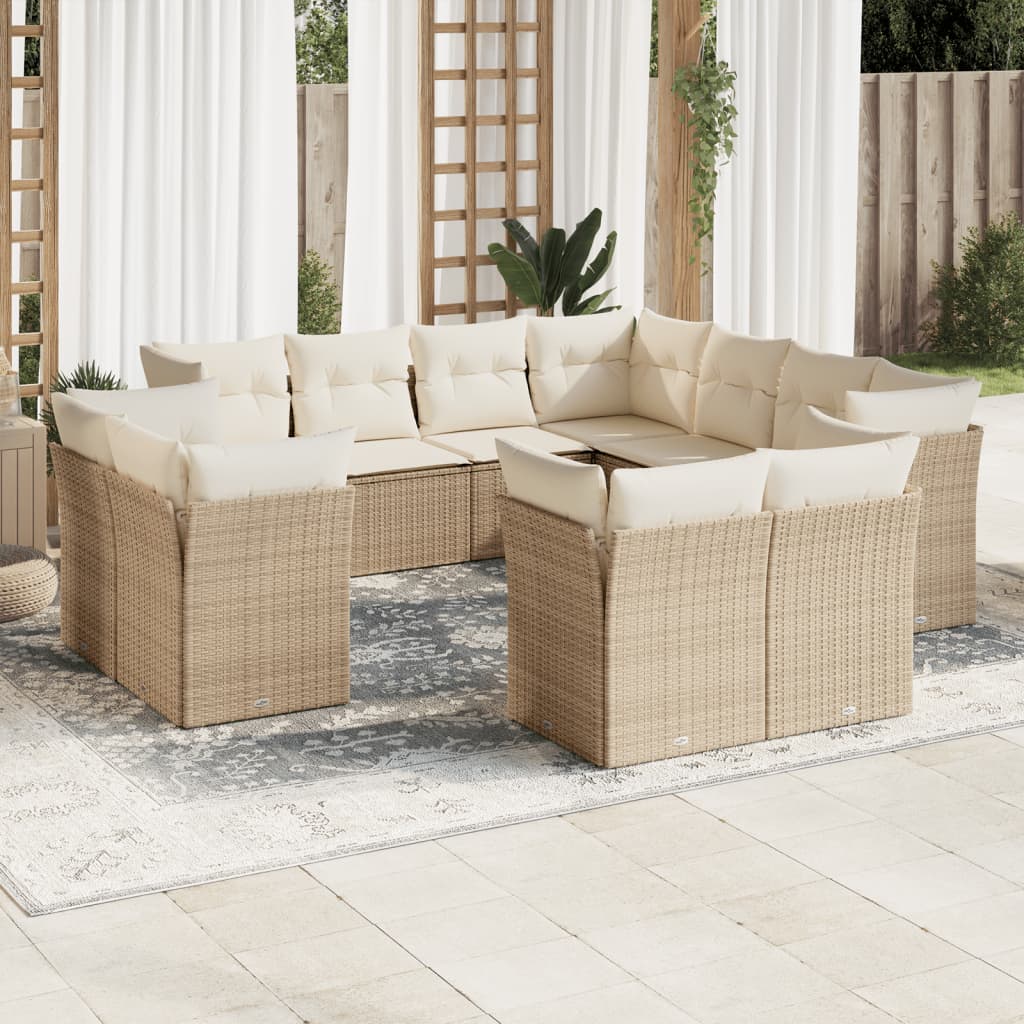 Vidaxl 11-Cz. Garden Furniture Set With Cushions, Beige, Poly Rattan
