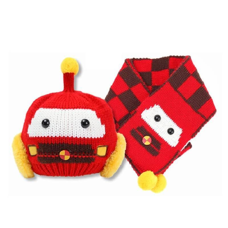 Cozy Knit Baby Scarf And Hat Set Adorable Car Design For Boys And Girls