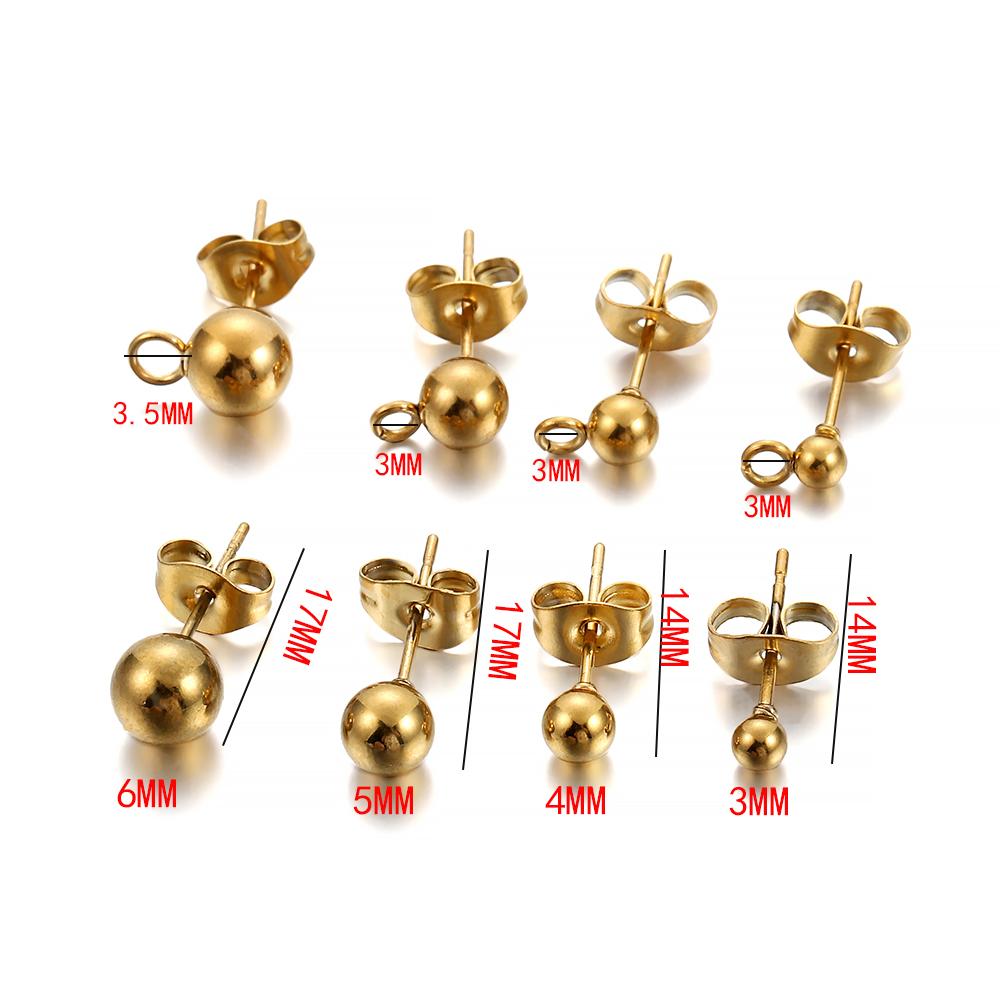 20pcs/lot Gold Stainless Steel Round Ball Earring Post Stud With Earring Plug Findings Ear Back For DIY Jewelry Making Supplies