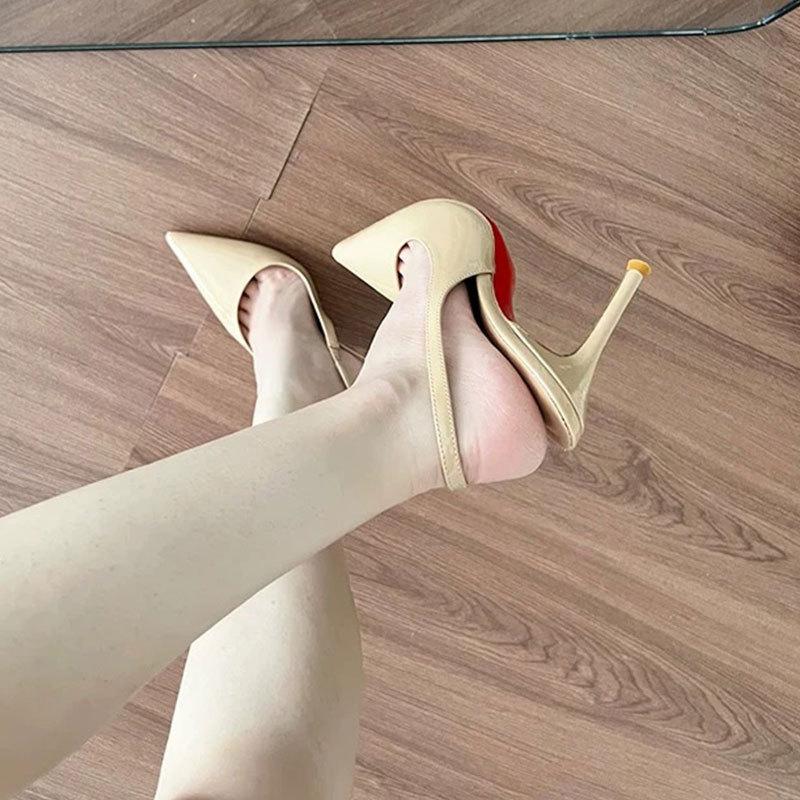 New Red Background, Black Patent Leather Pointed Tip Thin Heel Royal Sister Sexy High Heels Femininity Bag Head Sandals