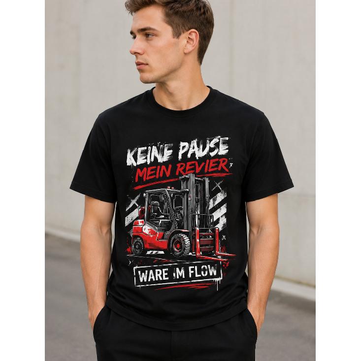 Men s Black Short Sleeve Crew Neck T-Shirt with Forklift Graphic Print, Relaxed Fit Cotton Blend for Warehouse Workers & Logistics Enthusiasts S чёрный