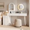 Sminkebord med LED-spejl, type-C & USB-port og 2 stikkontakter, fleksibelt L-formet design med glasplade, hvid. 140 (justerbar) *40 *140 cm