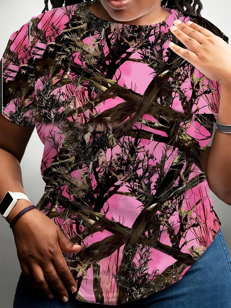 Pink Camouflage Print T-shirt Women's Casual Outdoor Hunting Fashion Top