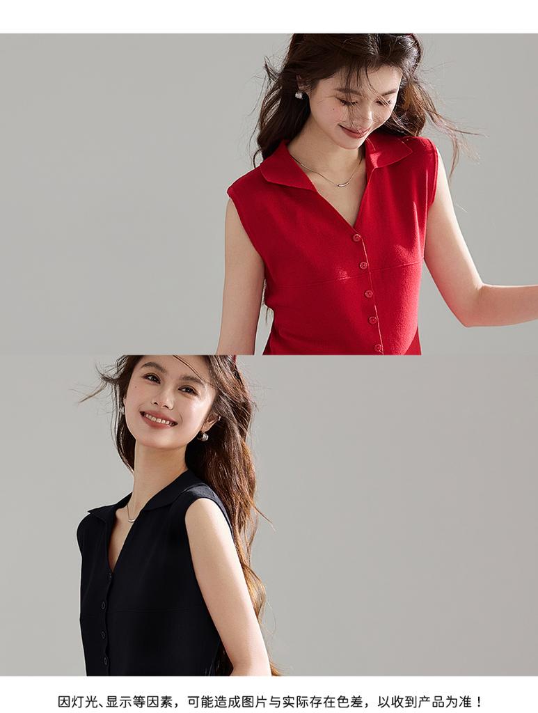 Twilight Traveler Series French Romantic Retro Sleeveless Collar Knitted Shirt Single breasted Slimming and Stylish Top