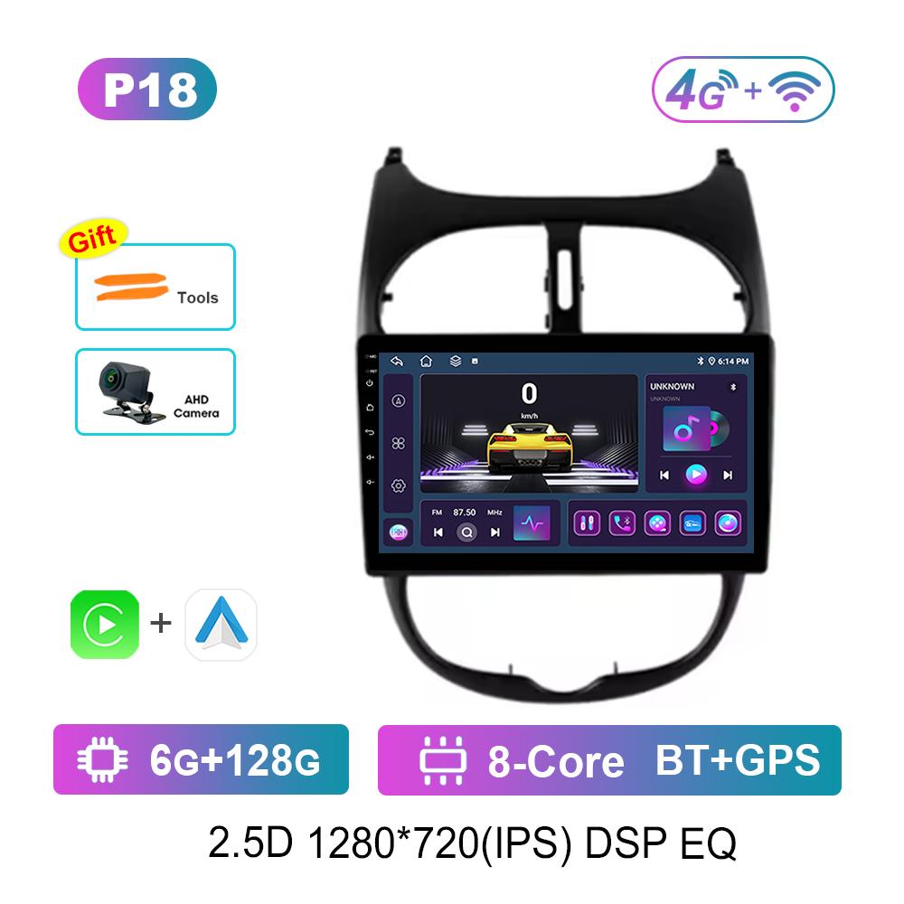 9 Inch Navigation GPS 4G Carplay for Peugeot 206 2001 - 2016 Android OS Car Video Multimedia Player BT QLED Touch Screen WiFi