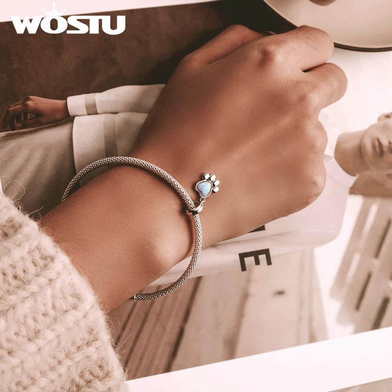 WOSTU 925 Sterling Silver Opal Paw Love Heart Wings Zircon Charms Beads Pendant Fit Original Bracelet Necklace For Women Jewelry