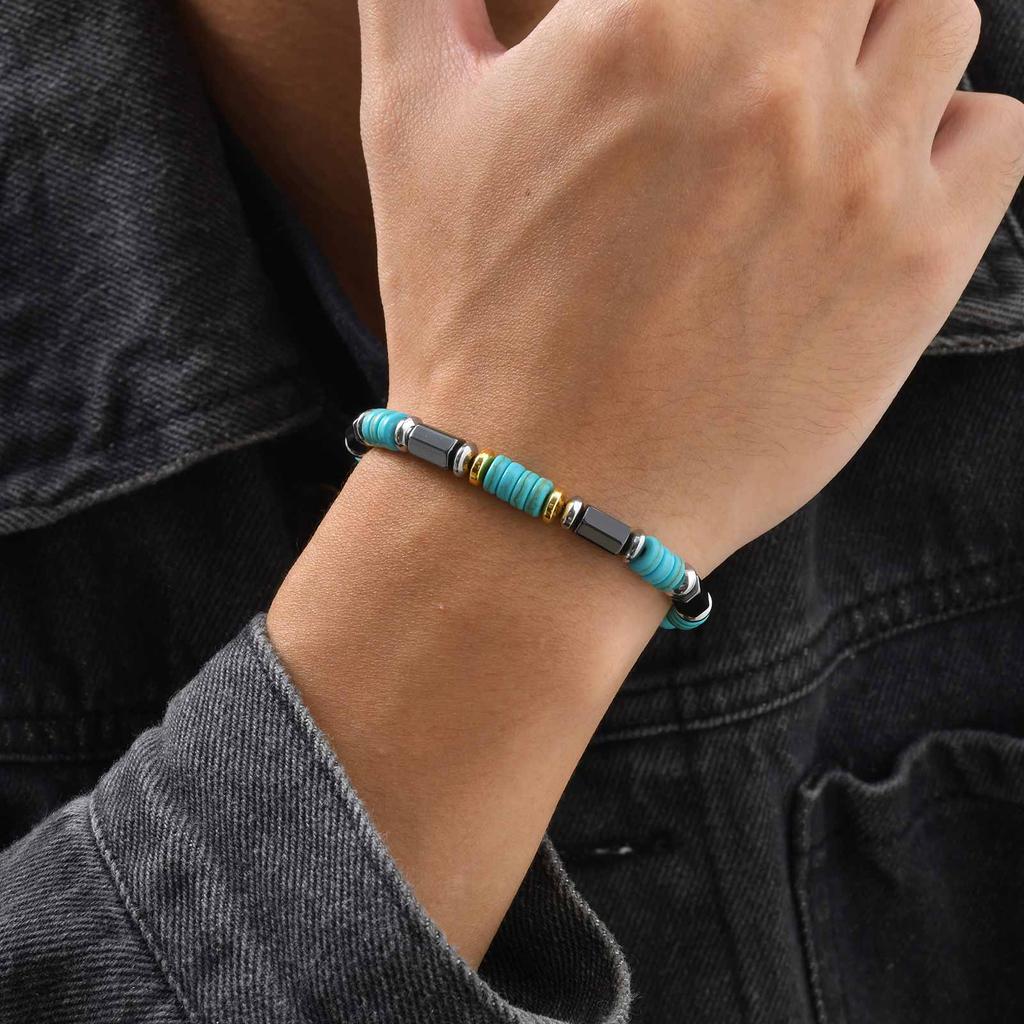 Vnox Retro Imitation Natural Blue Stone Bead Bracelets for Women Men, Elastic String Bracelet Jewelry Trend Bohemian Accessories