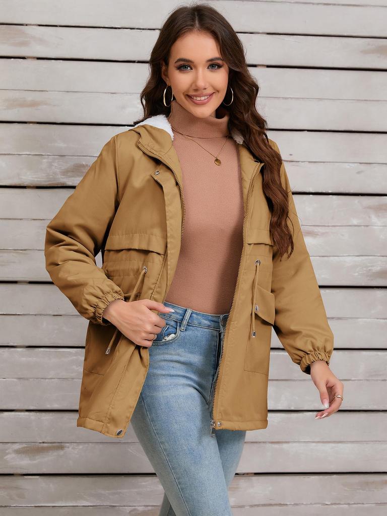 Women's 2024 Hooded Fur-Lined Windbreaker: Autumn/Winter Warm Zipper Jacket