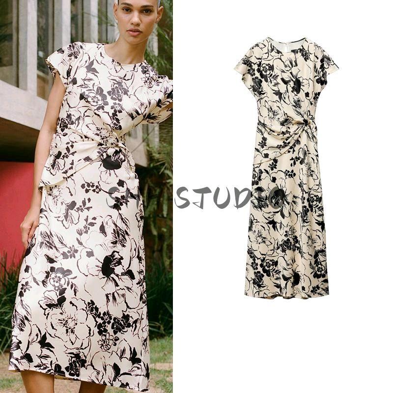 Spring New Women's Clothing Old Money Style Silk Satin Texture Print Short Sleeve Round Neck Midi Skirt Dress 2328651