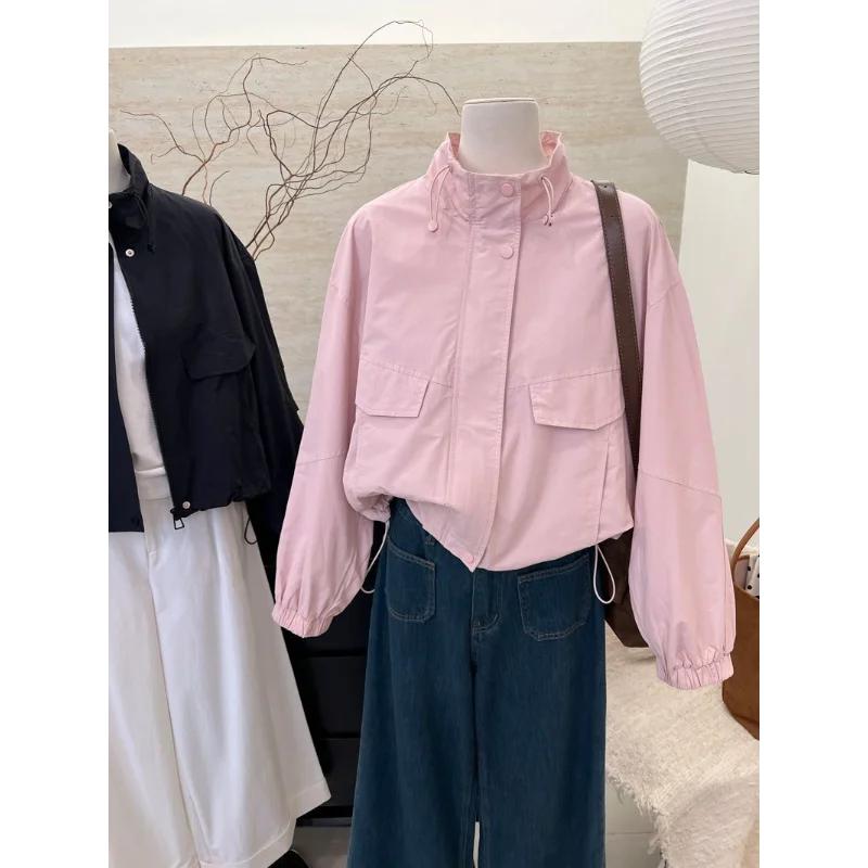 

Spring Autumn Loose Casual Jacket Work Top Korean Style Stand Collar Short Women s S рожевий