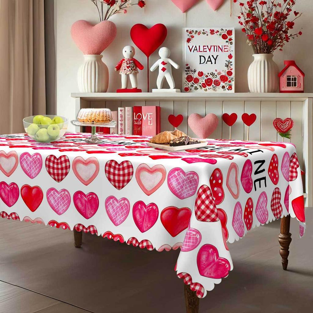 Pink Heart-Shaped Pattern Round/Rectangular Tablecloth, Valentine'S Day Wedding Table Cloth, Waterproof Leave-In Coffee Table Cover