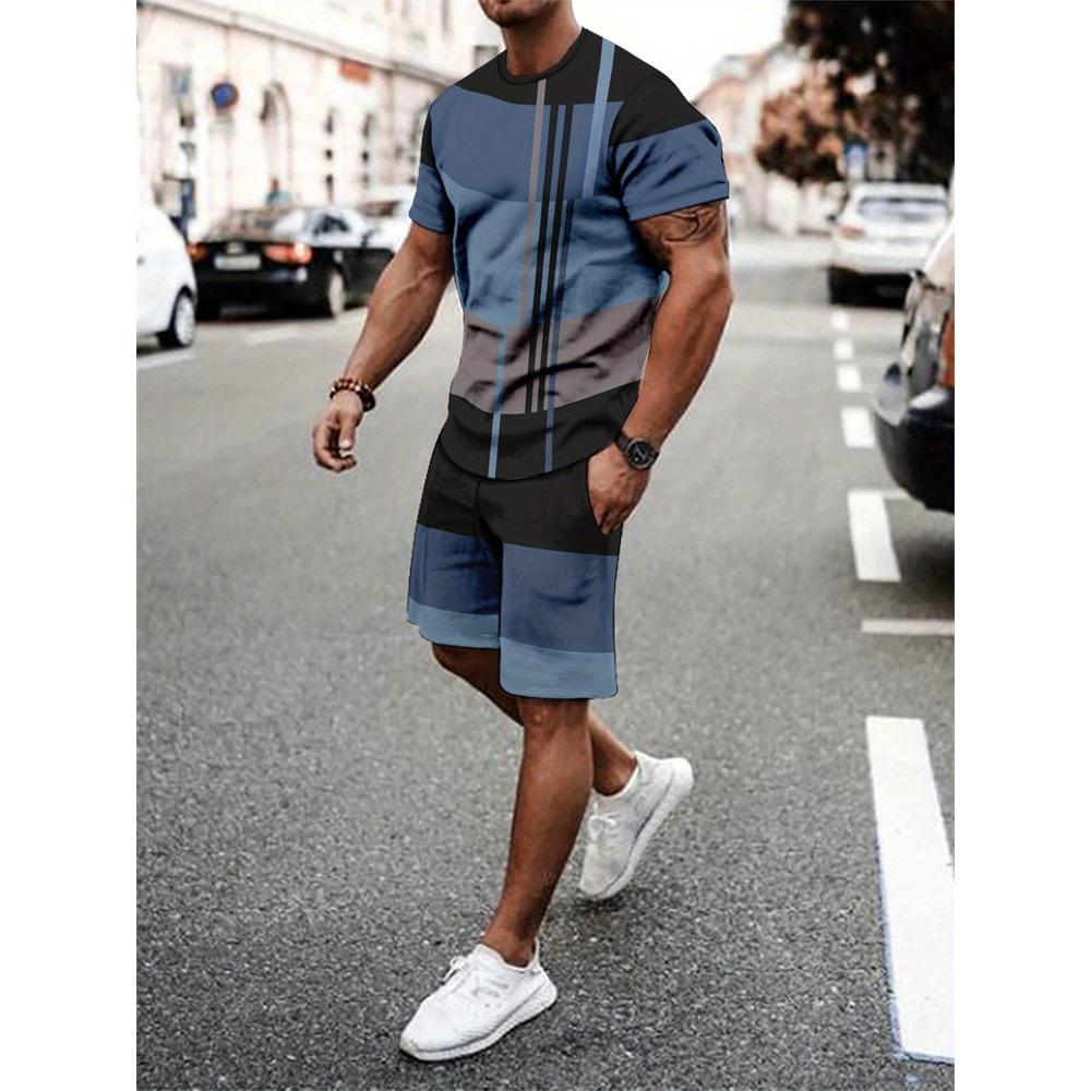 New Men's Short-Sleeve Athletic Shorts Set Crew Neck T-Shirt With Drawstring Shorts Stylish Streetwear Two-Piece Set