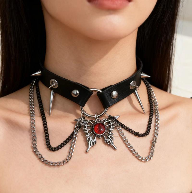 Dark Gothic Punk Metal Spider Pendant Leather Choker Necklace for Women Hip Hop Red Zircon Butterfly Clavicle Chain Jewelry