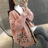 Spring and Autumn V-neck Knitted Cardigan Women Leopard Pocket Sweater Coat Versatile Student Mid Length Cardigan Sweater