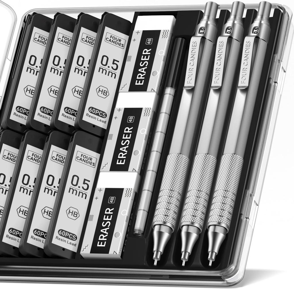 Four Candies Mechanical Pencil Set with 3 Metal Artist 480 HB for and Drafting Silver 0.5mm Case, Pencils, Leads, Eraser, Engineering, Art, Writing, -