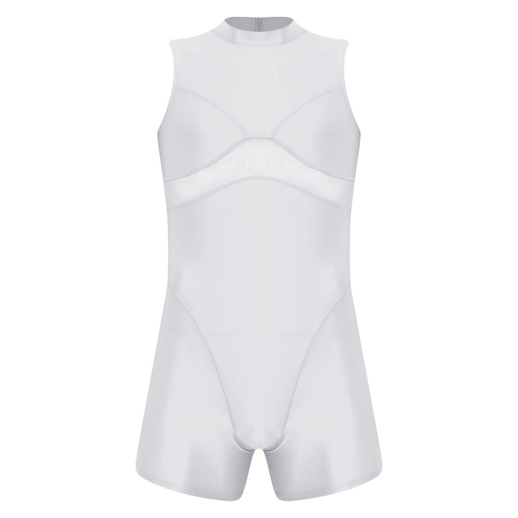Mens Oil Shiny Bodysuit Sheer Mesh Patchwork Mock Neck Sleeveless Back Zipper Boxer Bottom One Piece Sportswear