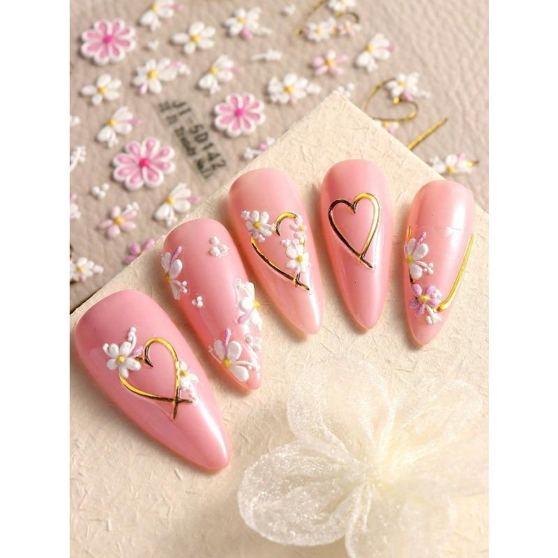 1Pc Spring And Summer Hot Stamping Flower Heart-Shaped Nail Art Stickers White Flowers, Hollow Heart-Shaped Nail Art Decal