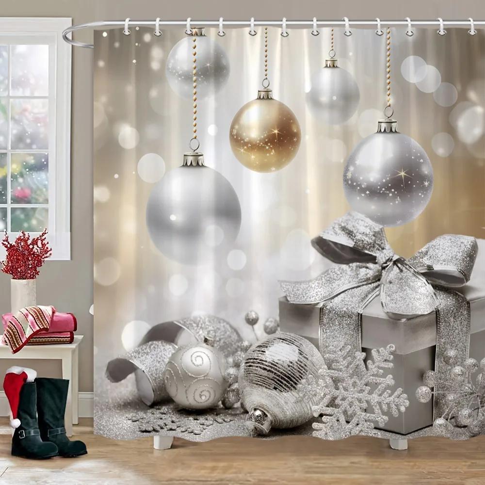 Christmas Theme Shower Curtain Winter Snow Christmas Tree Deer Rustic Wooden Panel Fabric Washable Shower Curtain Bathroom Decor