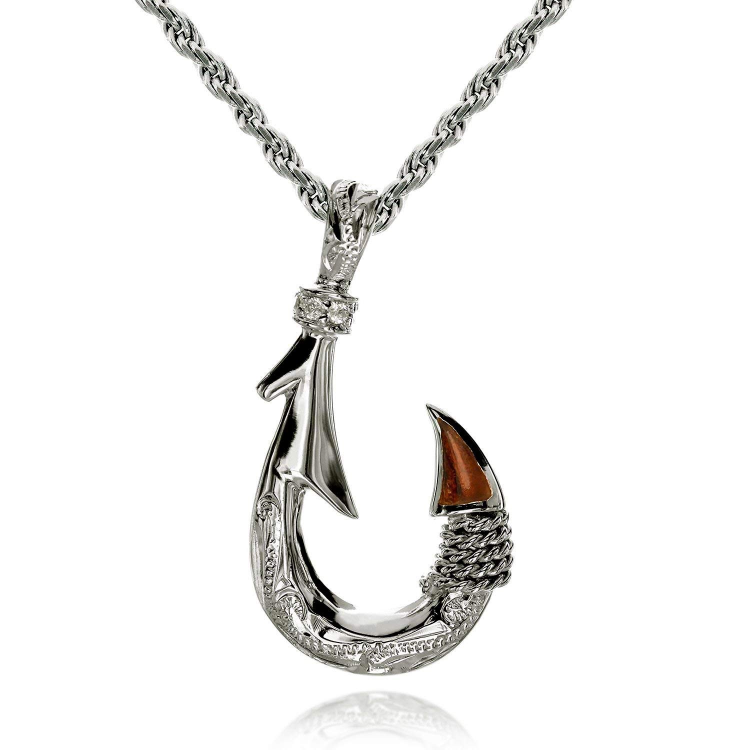 

Hawaiian Jewelry Fish Hook Pendant Necklace for Koa Silver 925 45cm rope [Leilani] Men, Wood, (with chain)
