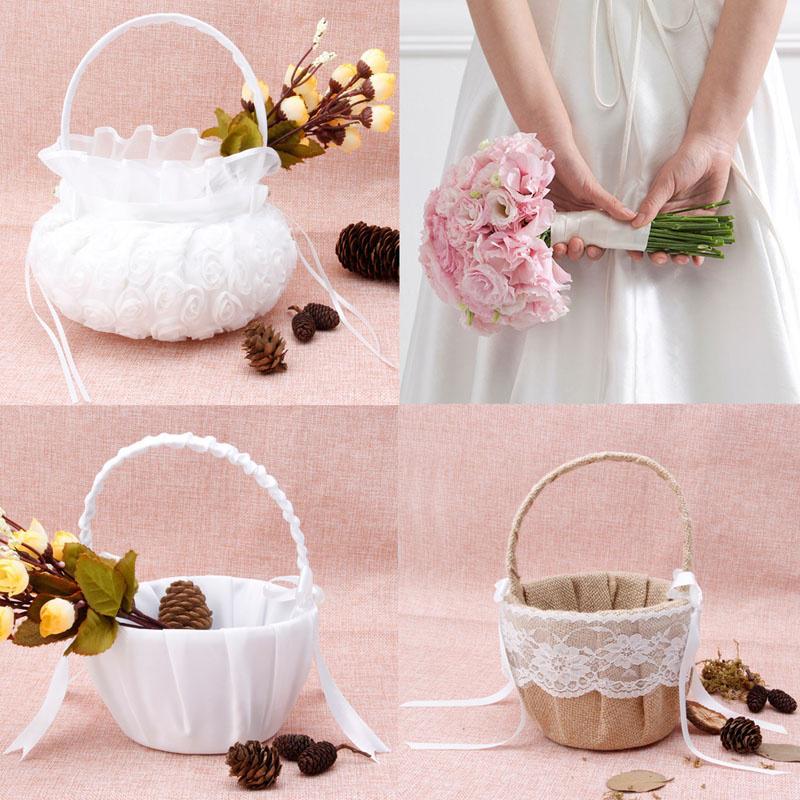 Bowknot Satin Basket Rose Flower Wedding Ceremony Girl Basket Party Bridal Decor Bowknot Satin Basket Rose Flower Wedding Ceremony Girl Basket Party Bridal Decor
