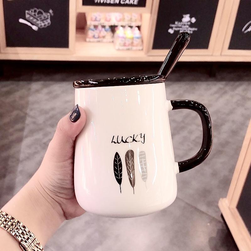 Taza de Estilo Nórdico con Tapa Cuchara Taza de Cerámica para Pareja Mujeres Creativa Hogar Oficina Desayuno Café Taza de Agua Hombres