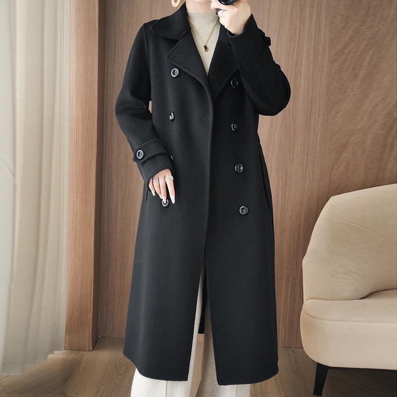 2025 A/W Women's Slimming Double-Faced Cashmere Coat - Korean Style Double-Breasted Wool Overcoat with Suit Collar