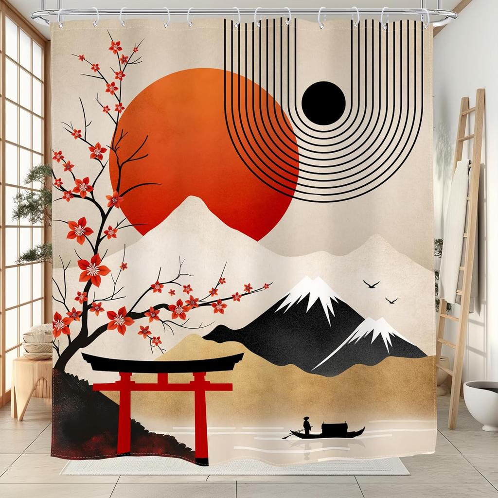 Japanese Shower Curtain Boho Cherry Blossom Mid Century Abstract Asian Mountain Sun Nature Landscape Bathroom Modern Arch