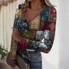 Women's Casual V-Neck Vintage Print Long Sleeve Ribbed Top for Fall and Everyday Wear
