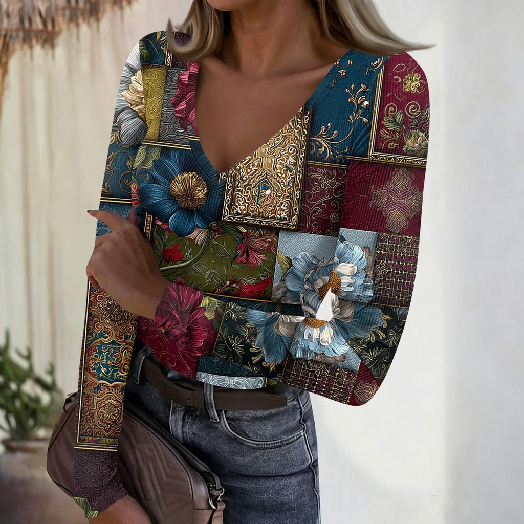 Women's Casual V-Neck Vintage Print Long Sleeve Ribbed Top for Fall and Everyday Wear