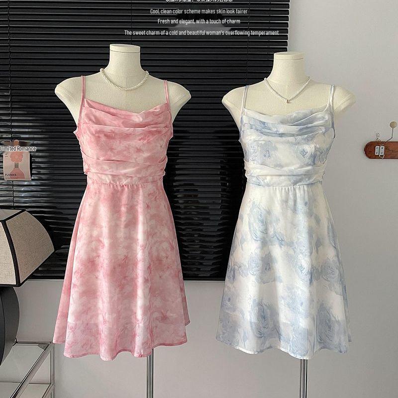 Elegant French Floral Camisole Dress Women's Summer Waist-Cinched Chiffon Skirt