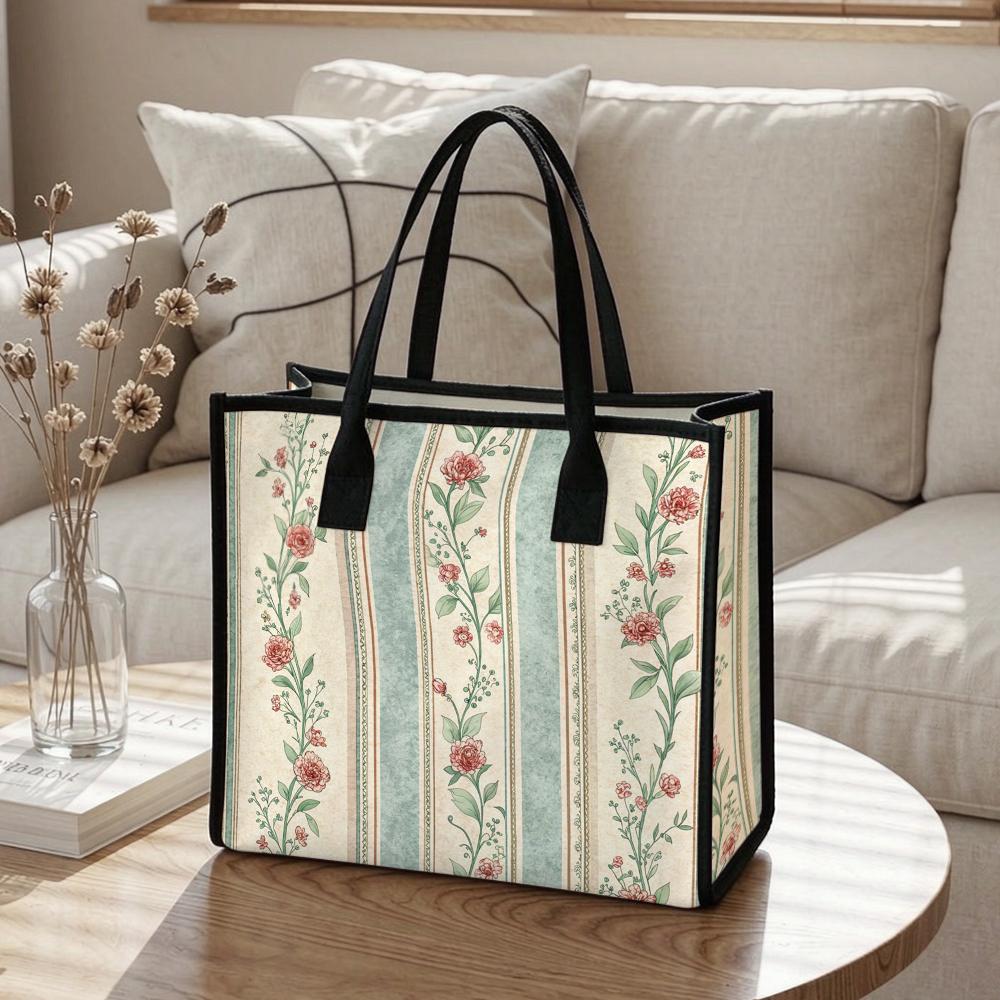 Vintage Floral Striped Tote Bag Fashion Casual Daily Shoulder Handbag For Shopping