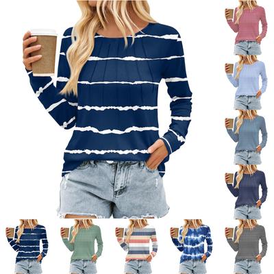 Women's Pleated Long-Sleeved Belted Striped Print Round Neck Casual Top