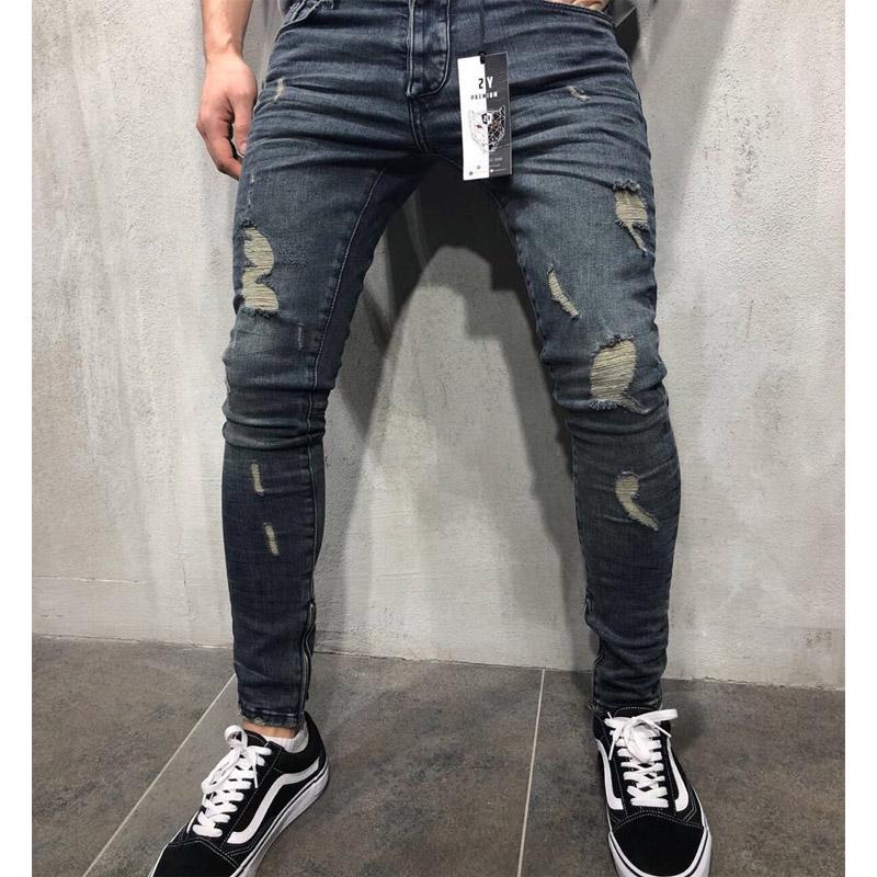 Fashion Men Straight Denim Hole Pants Slim Casual Hip Hop Style Jeans