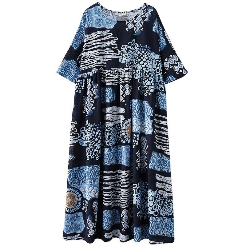 Summer New Cotton and Linen Large Size Literary and Retro Loose and Thin Short-sleeved Big Swing Dress Women