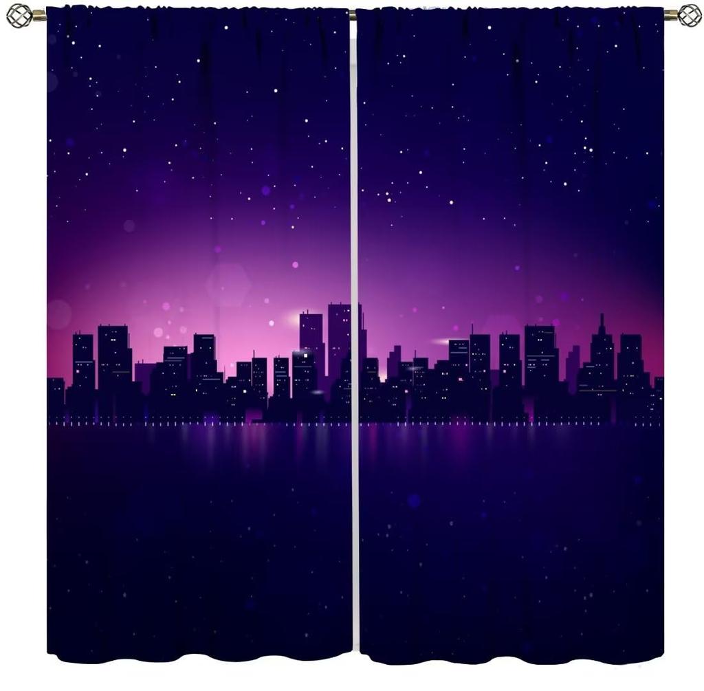 Starry Urban Nightscape Blackout Curtain 2 Panels Water Reflection City Building Print Window Drape for Bedroom Gaming Studio