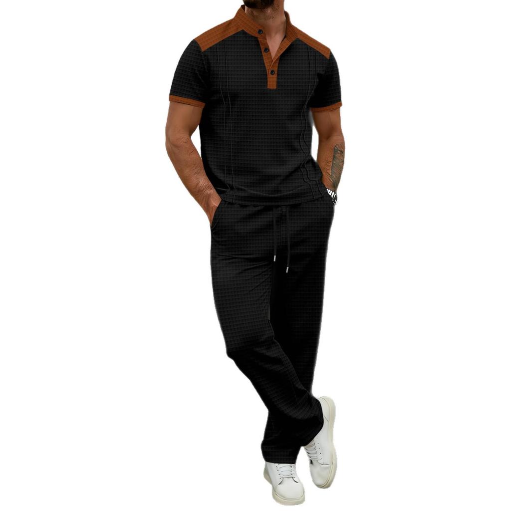 Men's Plaid Color Block Stand Collar Suit - Short Sleeve Shirt and Long Pants Set