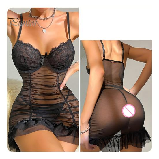 2 Pcs/Set Nightdress Panties Set Spaghetti Strap Backless Sleeveless Nightwear Pleated Transparent Mesh Bow Ruffle Dress Sleepwear Set G-string Set