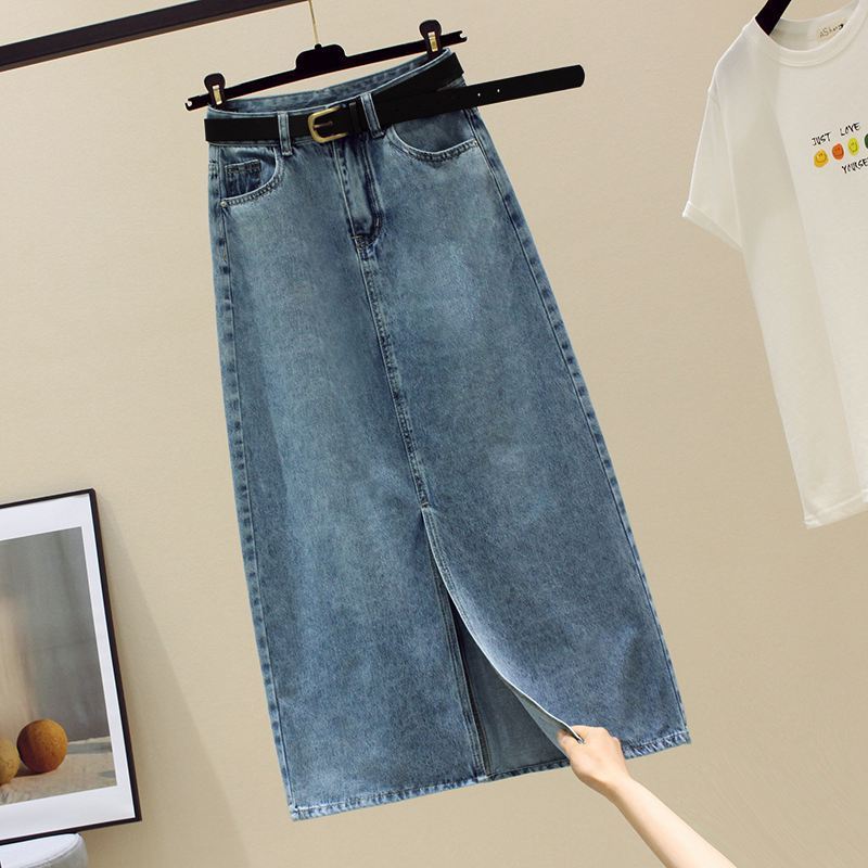 

High-waisted Side Slit Denim Skirt for Women Medium-length A- Line Hip-hugging Long Skirt Spring Autumn Summer Model XXL синій