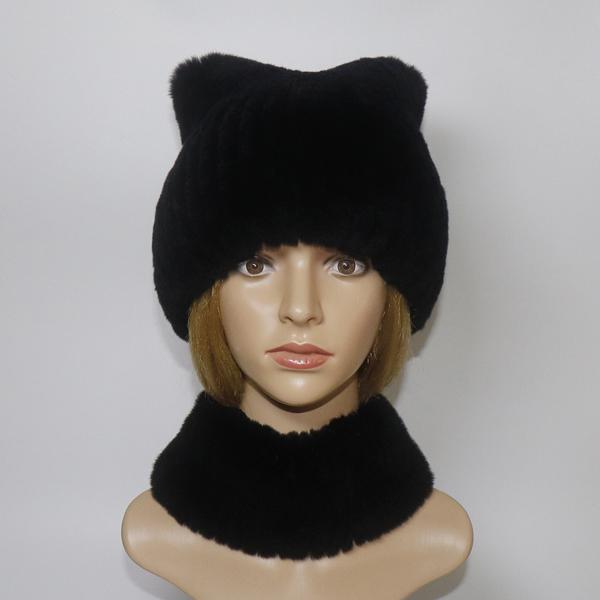 Winter Girls Fashion Fluffy Real Rex Rabbit Fur Hat Scarf Sets Warm Real Rex Rabbit Fur Cat's ear Hats Scarves Women Fur Caps