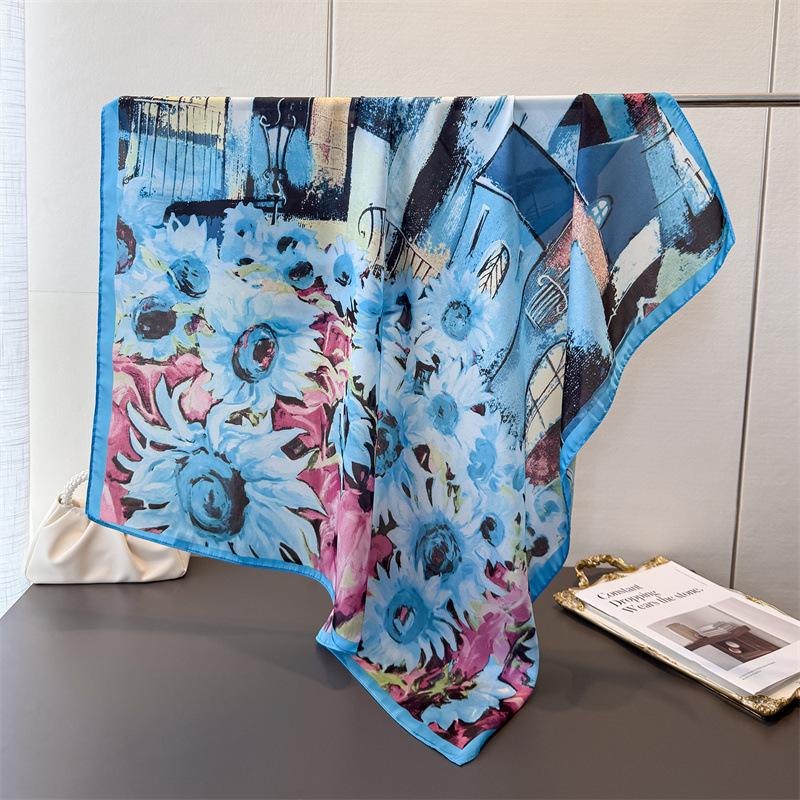 Simulation Silk High-End Sunflower Oil Painting Printing Square Scarf Silk Scarf Shawl Headscarf Neck Protection Scarf