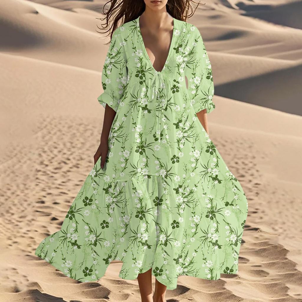 Women's Summer Fashion V-Neck Beach Long Dress Vintage Floral Printed Lace-Up Splicing Dresses