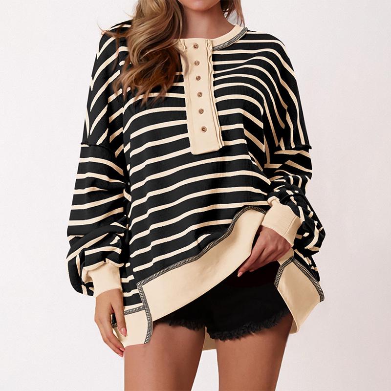 Color Block Long Sleeve Striped Button-Up Casual Sweater for Women - Autumn/Winter